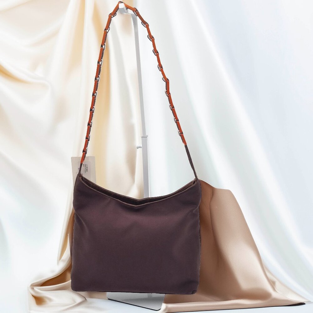 Salvatore Ferragamo Brown Nylon Shoulder Bag with Orange Signature Link Strap